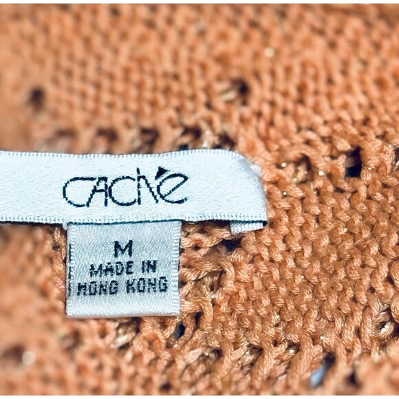 Cache Orange Metallic Short Sleeve V-Neck Fitted Sweater / Tunic Medium VTG - Picture 3 of 5